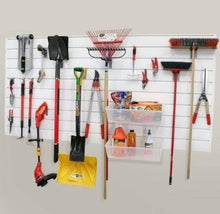Load image into Gallery viewer, Proslat Garage Storage PVC Slatwall Gardener Bundle - White 33001k Slatwall panels that are built strong and durable. Garage slatwalls are made of 90% recycled materials.