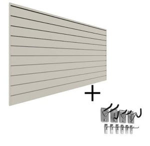 Proslat Garage Storage PVC Slatwall Mini Bundle - Sandstone 33014K Easily accessible garage slatwall for the busy lives of sports fanatics. Proslatwall is built strong that can hold up to 75 lb per sq. ft.