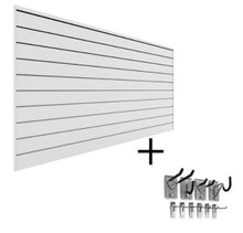 Load image into Gallery viewer, Proslat Garage Storage PVC Slatwall Mini Bundle - White 33006K Easily accessible garage slatwall for the busy lives of sports fanatics. Proslatwall is built strong that can hold up to 75 lb per sq. ft.