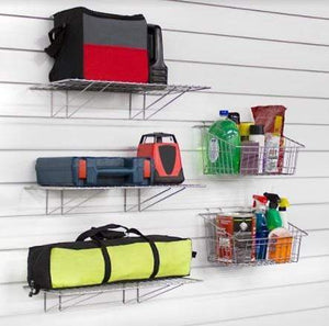 Proslat Shelf and Basket Kit 11003 Proslat has a great variety of garage organization systems like slatwall shelf, slat board, overhead racks, slatwall panels, slatwall hooks, motorized storage lifts, and slatwall accessories.